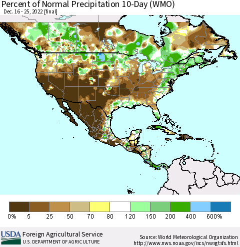 North America Percent of Normal Precipitation 10-Day (WMO) Thematic Map For 12/16/2022 - 12/25/2022