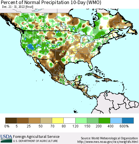 North America Percent of Normal Precipitation 10-Day (WMO) Thematic Map For 12/21/2022 - 12/31/2022