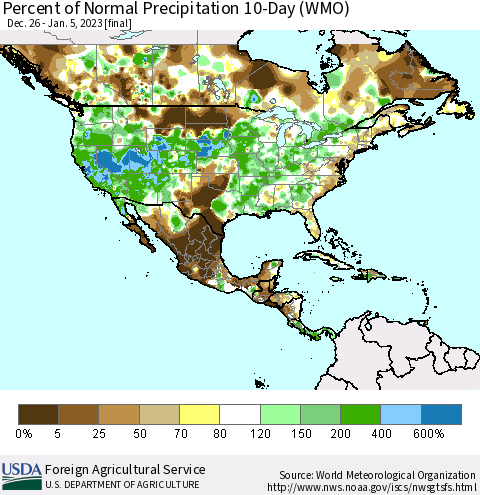 North America Percent of Normal Precipitation 10-Day (WMO) Thematic Map For 12/26/2022 - 1/5/2023