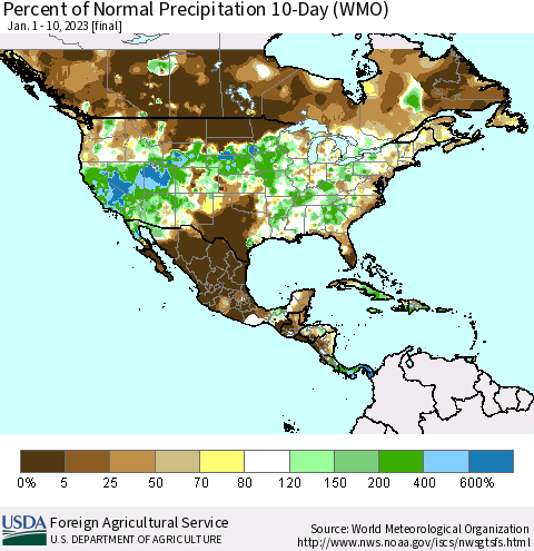 North America Percent of Normal Precipitation 10-Day (WMO) Thematic Map For 1/1/2023 - 1/10/2023