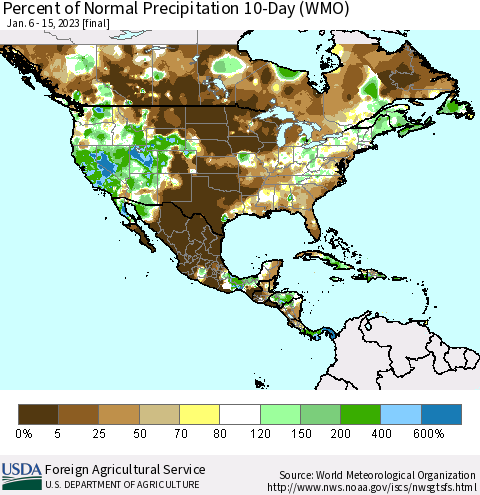 North America Percent of Normal Precipitation 10-Day (WMO) Thematic Map For 1/6/2023 - 1/15/2023