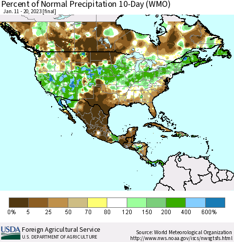 North America Percent of Normal Precipitation 10-Day (WMO) Thematic Map For 1/11/2023 - 1/20/2023