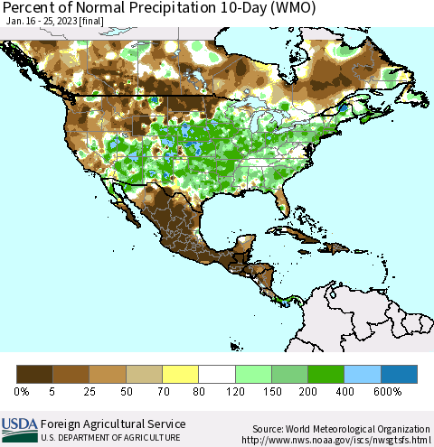 North America Percent of Normal Precipitation 10-Day (WMO) Thematic Map For 1/16/2023 - 1/25/2023