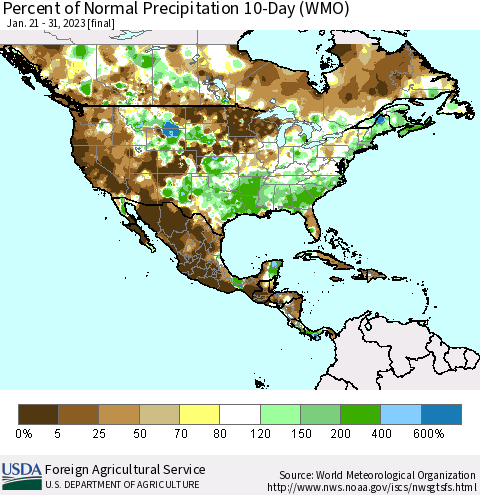 North America Percent of Normal Precipitation 10-Day (WMO) Thematic Map For 1/21/2023 - 1/31/2023