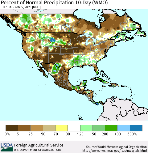 North America Percent of Normal Precipitation 10-Day (WMO) Thematic Map For 1/26/2023 - 2/5/2023