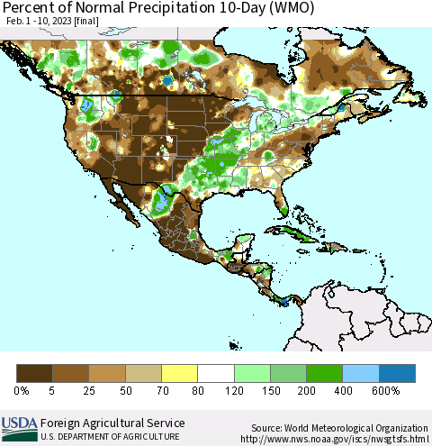 North America Percent of Normal Precipitation 10-Day (WMO) Thematic Map For 2/1/2023 - 2/10/2023
