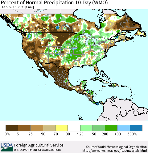 North America Percent of Normal Precipitation 10-Day (WMO) Thematic Map For 2/6/2023 - 2/15/2023