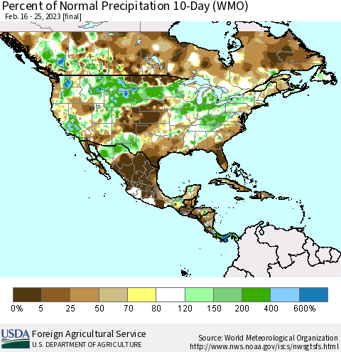 North America Percent of Normal Precipitation 10-Day (WMO) Thematic Map For 2/16/2023 - 2/25/2023