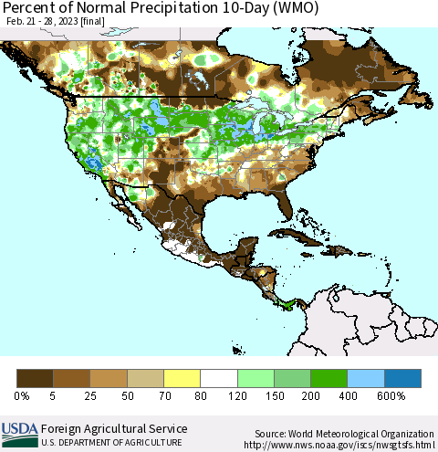 North America Percent of Normal Precipitation 10-Day (WMO) Thematic Map For 2/21/2023 - 2/28/2023
