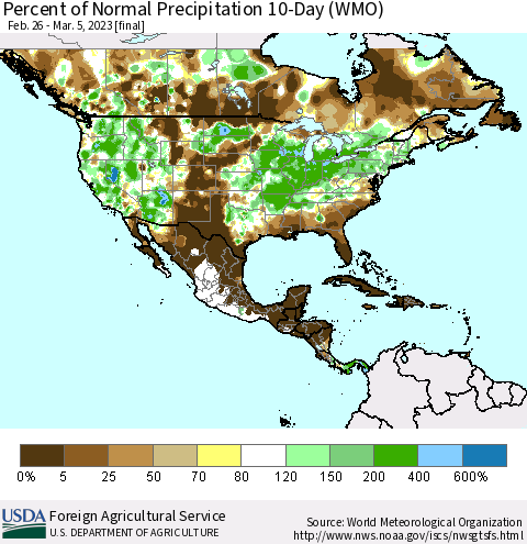 North America Percent of Normal Precipitation 10-Day (WMO) Thematic Map For 2/26/2023 - 3/5/2023