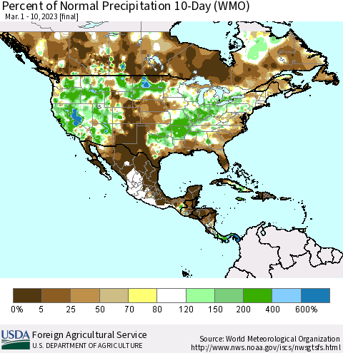 North America Percent of Normal Precipitation 10-Day (WMO) Thematic Map For 3/1/2023 - 3/10/2023