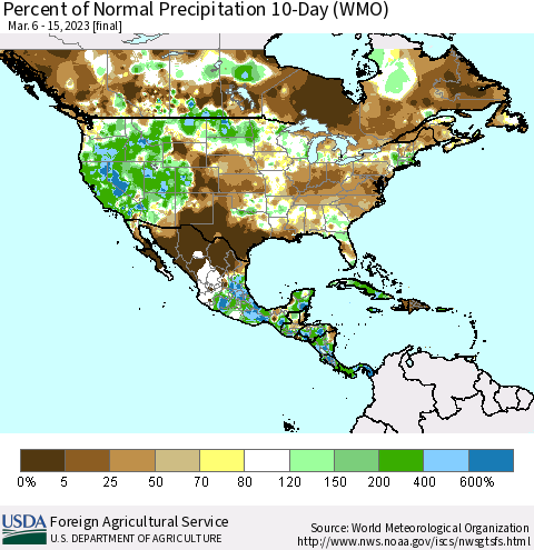 North America Percent of Normal Precipitation 10-Day (WMO) Thematic Map For 3/6/2023 - 3/15/2023