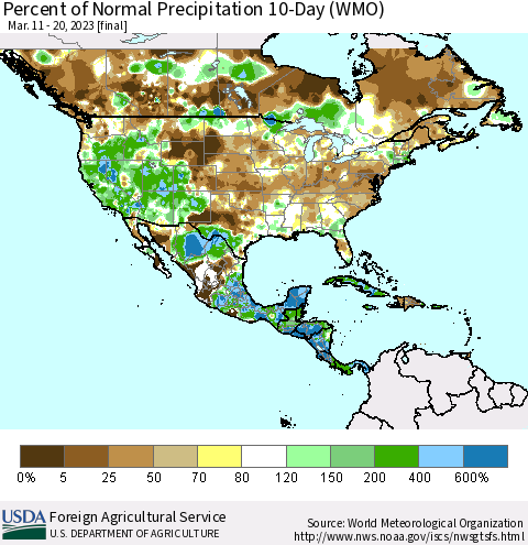 North America Percent of Normal Precipitation 10-Day (WMO) Thematic Map For 3/11/2023 - 3/20/2023