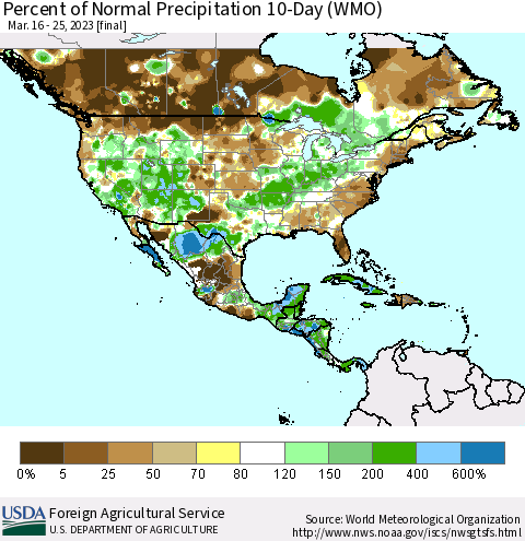 North America Percent of Normal Precipitation 10-Day (WMO) Thematic Map For 3/16/2023 - 3/25/2023