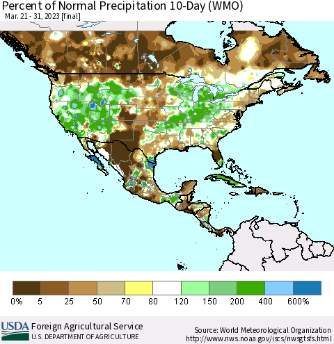 North America Percent of Normal Precipitation 10-Day (WMO) Thematic Map For 3/21/2023 - 3/31/2023