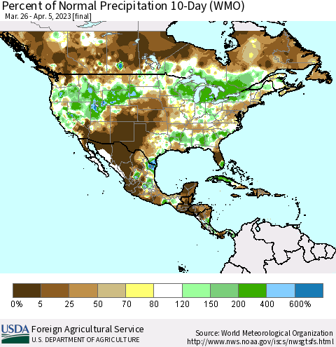 North America Percent of Normal Precipitation 10-Day (WMO) Thematic Map For 3/26/2023 - 4/5/2023