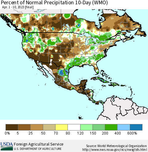 North America Percent of Normal Precipitation 10-Day (WMO) Thematic Map For 4/1/2023 - 4/10/2023