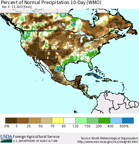 North America Percent of Normal Precipitation 10-Day (WMO) Thematic Map For 4/6/2023 - 4/15/2023