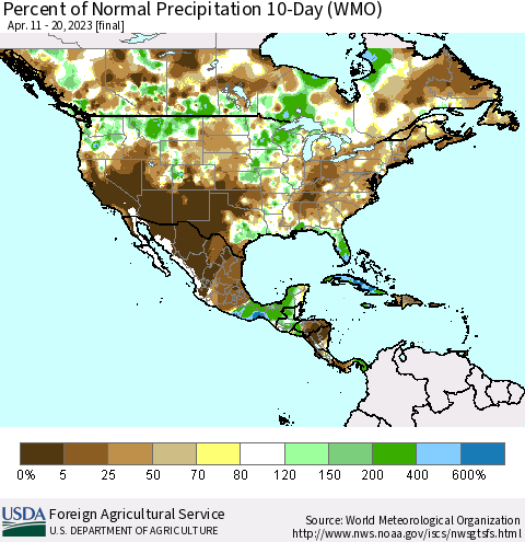 North America Percent of Normal Precipitation 10-Day (WMO) Thematic Map For 4/11/2023 - 4/20/2023