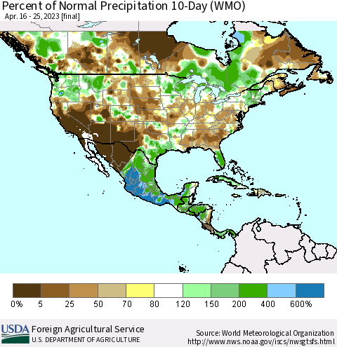 North America Percent of Normal Precipitation 10-Day (WMO) Thematic Map For 4/16/2023 - 4/25/2023