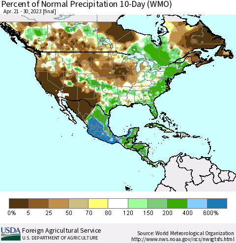 North America Percent of Normal Precipitation 10-Day (WMO) Thematic Map For 4/21/2023 - 4/30/2023