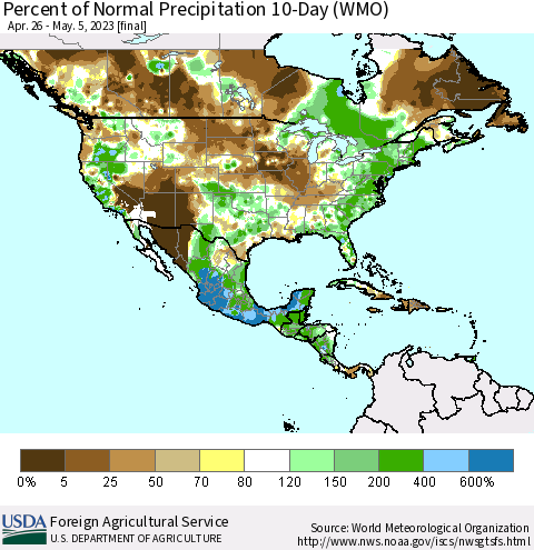 North America Percent of Normal Precipitation 10-Day (WMO) Thematic Map For 4/26/2023 - 5/5/2023