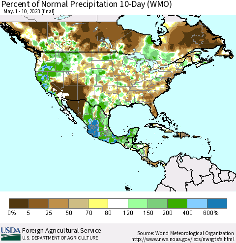 North America Percent of Normal Precipitation 10-Day (WMO) Thematic Map For 5/1/2023 - 5/10/2023
