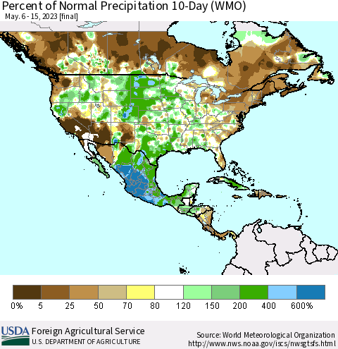North America Percent of Normal Precipitation 10-Day (WMO) Thematic Map For 5/6/2023 - 5/15/2023