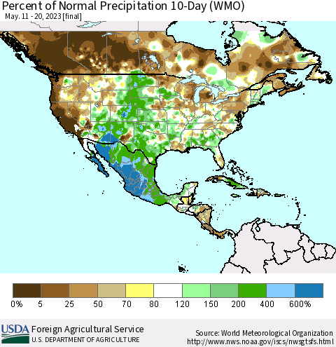 North America Percent of Normal Precipitation 10-Day (WMO) Thematic Map For 5/11/2023 - 5/20/2023