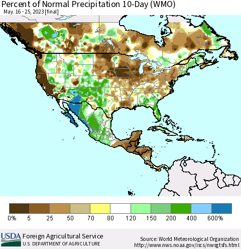 North America Percent of Normal Precipitation 10-Day (WMO) Thematic Map For 5/16/2023 - 5/25/2023