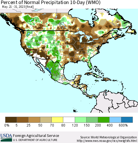 North America Percent of Normal Precipitation 10-Day (WMO) Thematic Map For 5/21/2023 - 5/31/2023