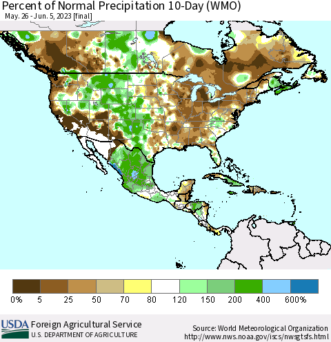 North America Percent of Normal Precipitation 10-Day (WMO) Thematic Map For 5/26/2023 - 6/5/2023