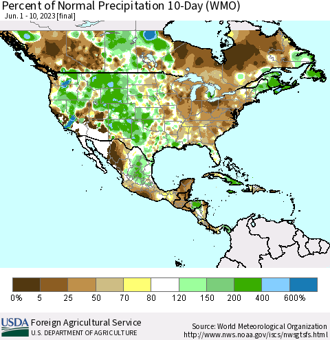 North America Percent of Normal Precipitation 10-Day (WMO) Thematic Map For 6/1/2023 - 6/10/2023