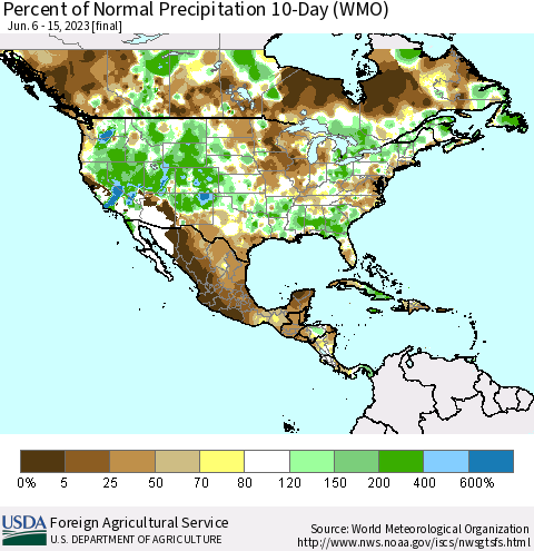 North America Percent of Normal Precipitation 10-Day (WMO) Thematic Map For 6/6/2023 - 6/15/2023