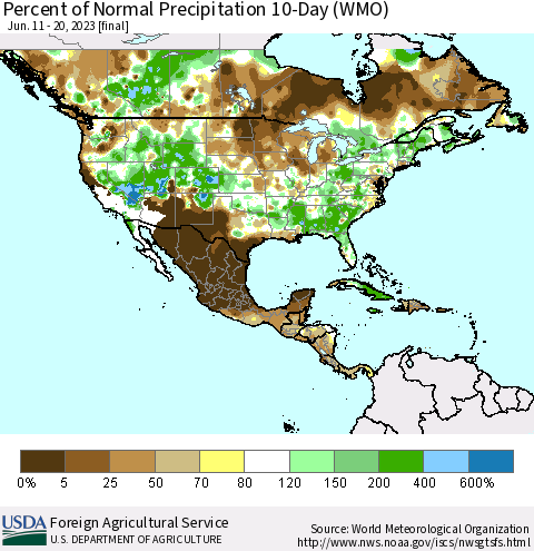 North America Percent of Normal Precipitation 10-Day (WMO) Thematic Map For 6/11/2023 - 6/20/2023