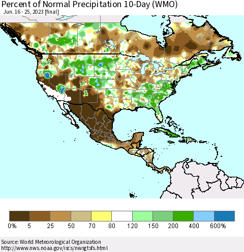 North America Percent of Normal Precipitation 10-Day (WMO) Thematic Map For 6/16/2023 - 6/25/2023