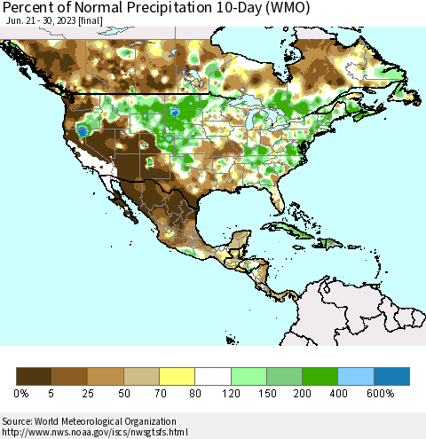 North America Percent of Normal Precipitation 10-Day (WMO) Thematic Map For 6/21/2023 - 6/30/2023