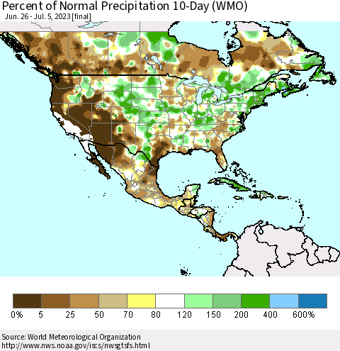 North America Percent of Normal Precipitation 10-Day (WMO) Thematic Map For 6/26/2023 - 7/5/2023
