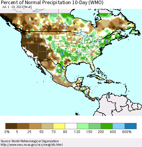 North America Percent of Normal Precipitation 10-Day (WMO) Thematic Map For 7/1/2023 - 7/10/2023