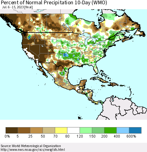 North America Percent of Normal Precipitation 10-Day (WMO) Thematic Map For 7/6/2023 - 7/15/2023