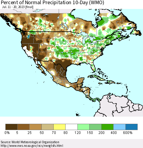 North America Percent of Normal Precipitation 10-Day (WMO) Thematic Map For 7/11/2023 - 7/20/2023