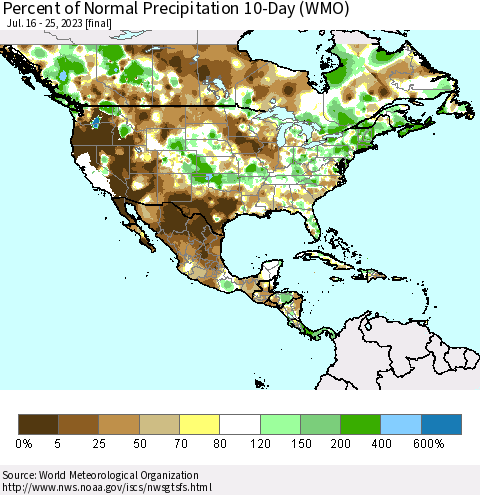 North America Percent of Normal Precipitation 10-Day (WMO) Thematic Map For 7/16/2023 - 7/25/2023