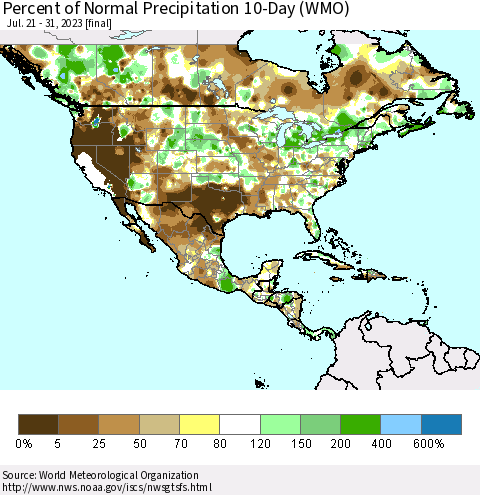 North America Percent of Normal Precipitation 10-Day (WMO) Thematic Map For 7/21/2023 - 7/31/2023