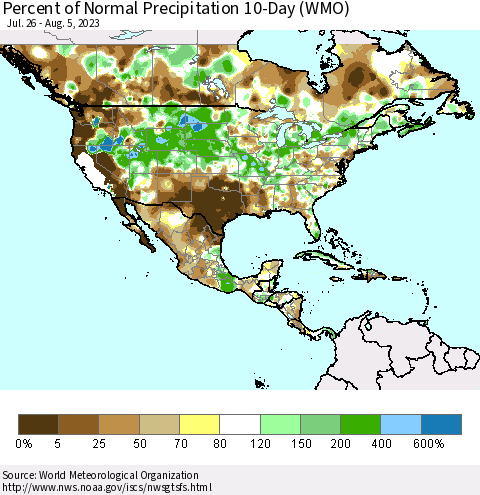 North America Percent of Normal Precipitation 10-Day (WMO) Thematic Map For 7/26/2023 - 8/5/2023
