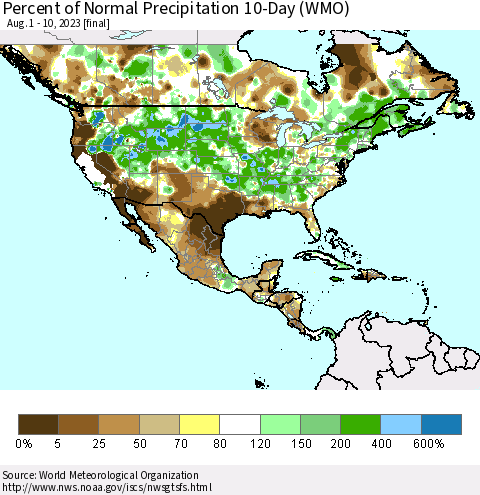 North America Percent of Normal Precipitation 10-Day (WMO) Thematic Map For 8/1/2023 - 8/10/2023
