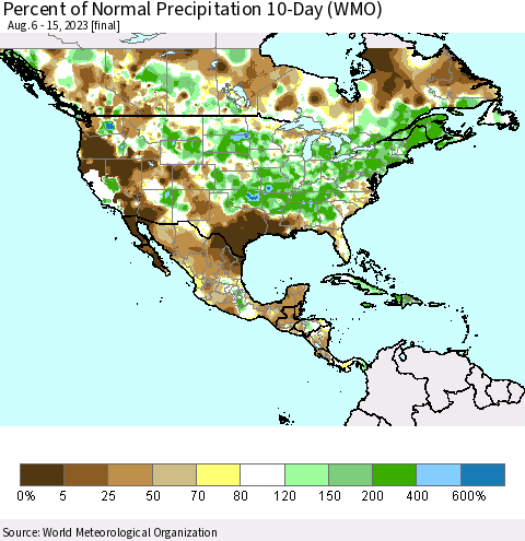 North America Percent of Normal Precipitation 10-Day (WMO) Thematic Map For 8/6/2023 - 8/15/2023