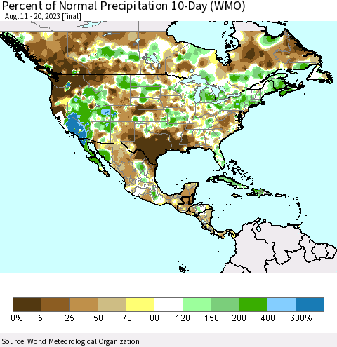 North America Percent of Normal Precipitation 10-Day (WMO) Thematic Map For 8/11/2023 - 8/20/2023