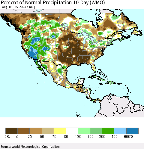 North America Percent of Normal Precipitation 10-Day (WMO) Thematic Map For 8/16/2023 - 8/25/2023