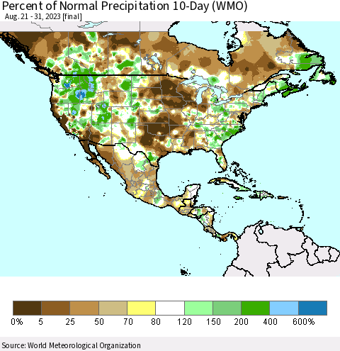 North America Percent of Normal Precipitation 10-Day (WMO) Thematic Map For 8/21/2023 - 8/31/2023