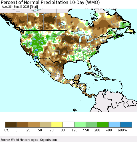 North America Percent of Normal Precipitation 10-Day (WMO) Thematic Map For 8/26/2023 - 9/5/2023